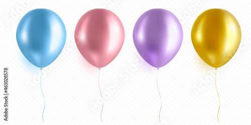 Gold, Purple, Pink, Blue Helium Balloon Set Isolated on Transparent Background. Realistic Metallic Ballon Collection in Realistic Style