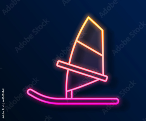 Glowing neon line Windsurfing icon isolated on black background. Vector