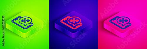 Isometric line Percent discount on mobile phone icon isolated on green, blue and pink background. Sale percentage - price label, tag. Square button. Vector