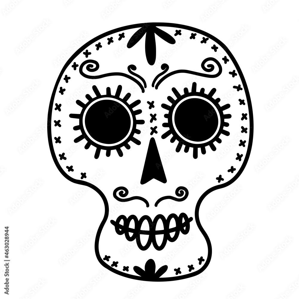 White sugar skull vector icon. Hand drawn doodle isolated on white background. Black silhouette of an ornamented head. Sketch for the Mexican Day of the Dead. Festive mask outline. Monochrome. White sugar skull vector icon. Hand drawn doodle isolated on white background. Black silhouette of an ornamented head. Sketch for the Mexican Day of the Dead. Festive mask outline. Monochrome.