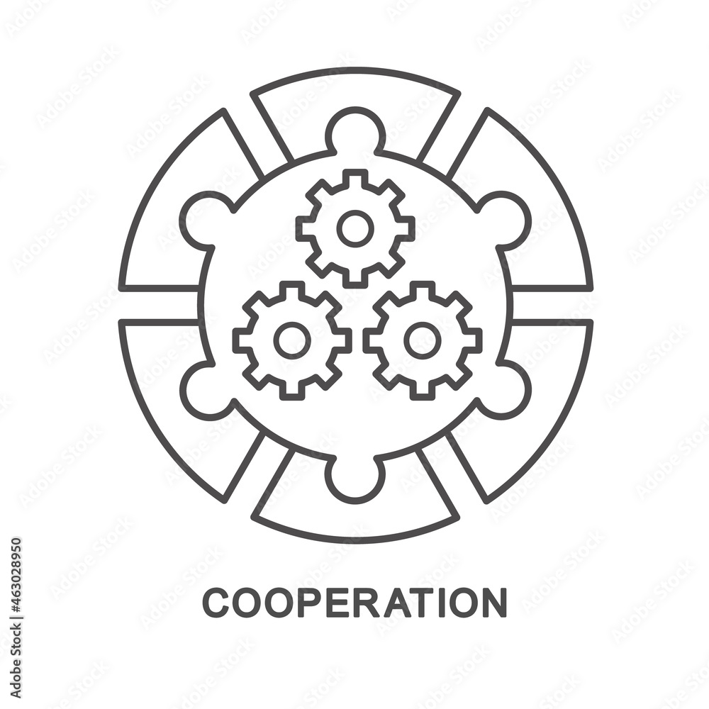 Icon – cooperation. Puzzles are all about bringing parties to collaborate. Gears are a collaborative process. The thin contour lines.