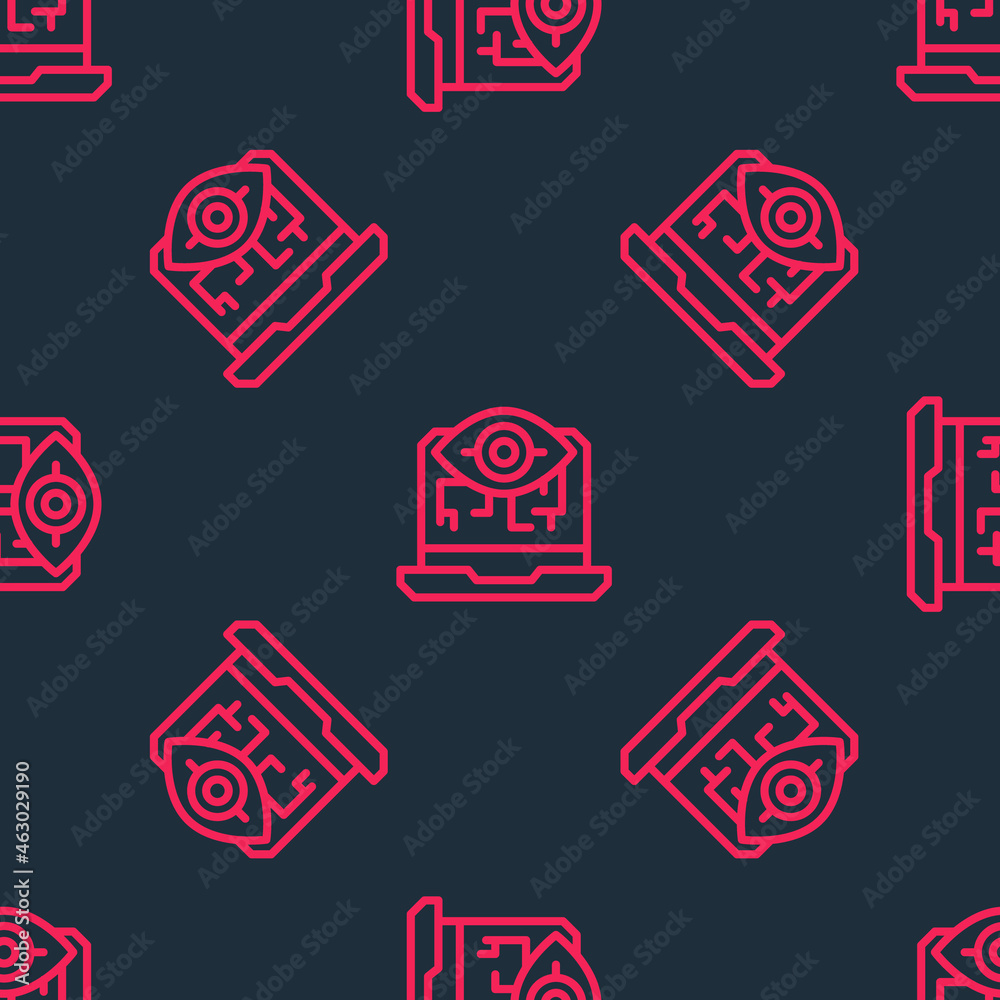Red line Computer vision icon isolated seamless pattern on black background. Technical vision, eye circuit, video surveillance system, augmented reality systems. Vector