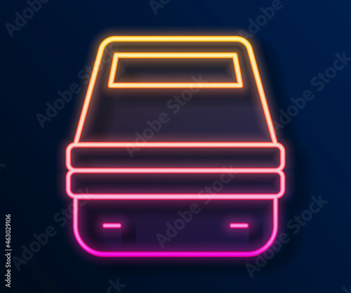 Glowing neon line Lunch box icon isolated on black background. Vector