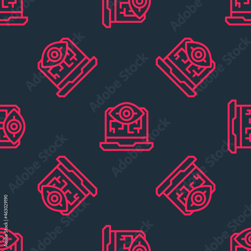 Red line Computer vision icon isolated seamless pattern on black background. Technical vision, eye circuit, video surveillance system, augmented reality systems. Vector