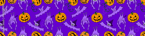 Vector seamless pattern with pumpkins  Jack o lantern  witch shifters and cute bats. Color bright Halloween texture in cartoon  flat  doodle style