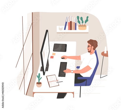 Man work at modern remote workplace in home office. Employee sitting at desk with desktop computer, working online. Freelancer at table. Flat vector illustration isolated on white background
