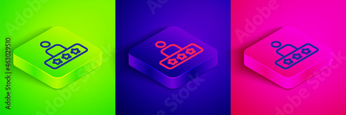 Isometric line Taxi service rating icon isolated on green, blue and pink background. Square button. Vector