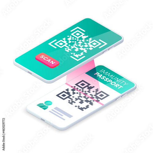 Smartphone Scan immunity passport QR code. 3d Mobile Scanning barcode concept, Covid-19 Digital health passport QR verification isometric vector. Electronic vaccination certificate proof mobile app