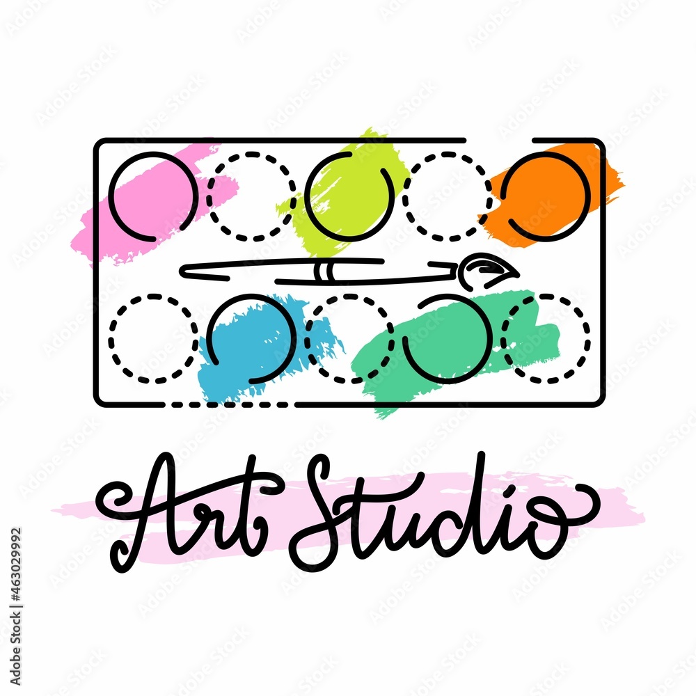 Vector logo for art studio. Vector illustration with a palette for paints. Bright paint strokes. Template for teaching, creativity, poster, postcard and other use. Hand draw lettering Vector logo for art studio. Vector illustration with a palette for paints. Bright paint strokes. Template for teaching, creativity, poster, postcard and other use. Hand draw lettering