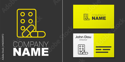 Logotype line Sports doping, anabolic drugs with dumbbell icon isolated on grey background. Anabolic steroids tablet. Pills in jar. Logo design template element. Vector
