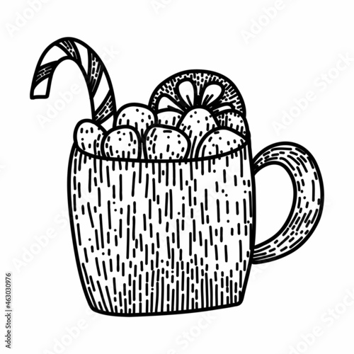 Mug with hot cocoa, candy cane, marshmallows and orange slice as Christmas drink in cartoon doodle style. Linear ink illustration