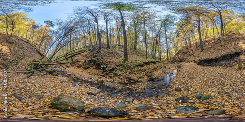 full seamless hdri 360 panorama high in mountains near stream in tree-covered ravine in autumn forest equirectangular spherical projection. ready VR AR virtual reality content