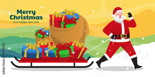 Santa Claus pulls a heavy bag full of gifts