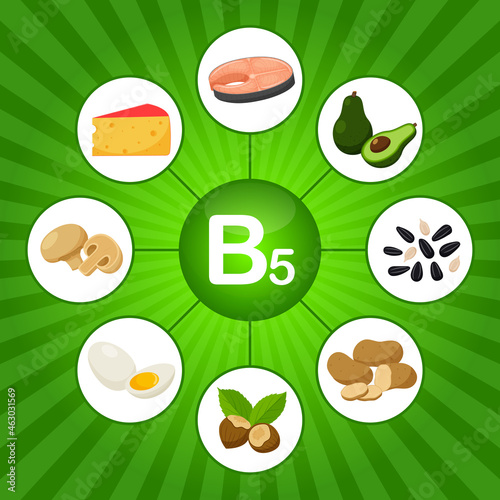 A square poster with food products containing vitamin B5. Pantothenic acid. Medicine, diet, healthy eating, infographics. Flat cartoon food elements on a bright green background with sunbeam.