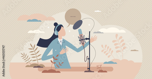 Voice over acting performance artist in recording studio tiny person concept. Professional speech talent as dramatic profession vector illustration. Expressive storytelling for audio record or radio.