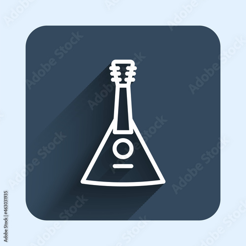 White line Musical instrument balalaika icon isolated with long shadow background. Blue square button. Vector