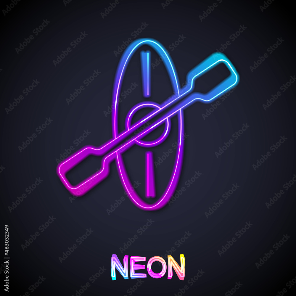 Glowing neon line Kayak and paddle icon isolated on black background. Kayak and canoe for fishing and tourism. Outdoor activities. Vector Glowing neon line Kayak and paddle icon isolated on black background. Kayak and canoe for fishing and tourism. Outdoor activities. Vector