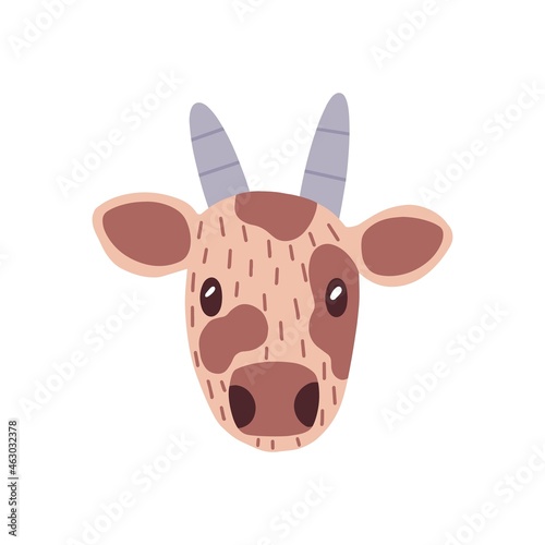 Cute funny face of baby cow with adorable eyes. Head portrait of amusing bull calf in doodle style. Lovely muzzle of young domestic animal. Flat vector illustration isolated on white background
