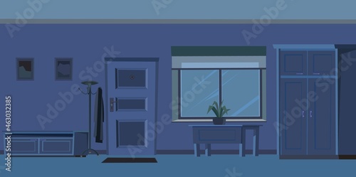 Hallway door. Cozy room in a residential building at night. Wall and window. Furniture in the interior. Darkness. Illustration cartoon style flat design. Vector