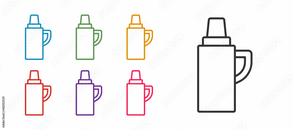 Set line Thermos container icon isolated on white background. Thermo flask icon. Camping and hiking equipment. Set icons colorful. Vector