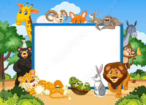 Empty banner with various wild animals in the forest