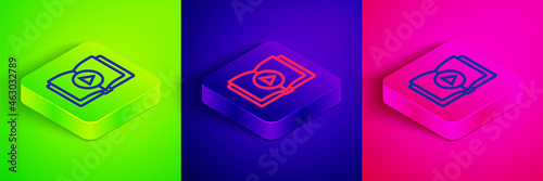 Isometric line Audio book icon isolated on green, blue and pink background. Play button and book. Audio guide sign. Online learning concept. Square button. Vector