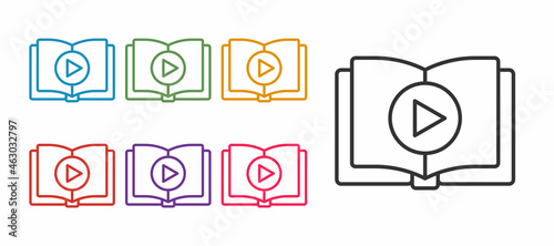 Set line Audio book icon isolated on white background. Play button and book. Audio guide sign. Online learning concept. Set icons colorful. Vector