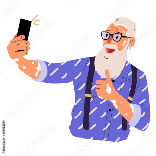 Cartoon old man with vitiligo takes a selfie for medical design. Healthcare.