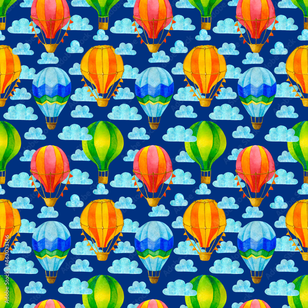 Multicolored hot air balloon watercolor seamless pattern