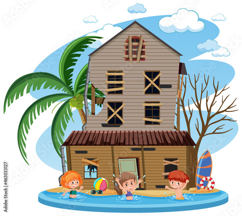 Kids swimming in the water in front of the house
