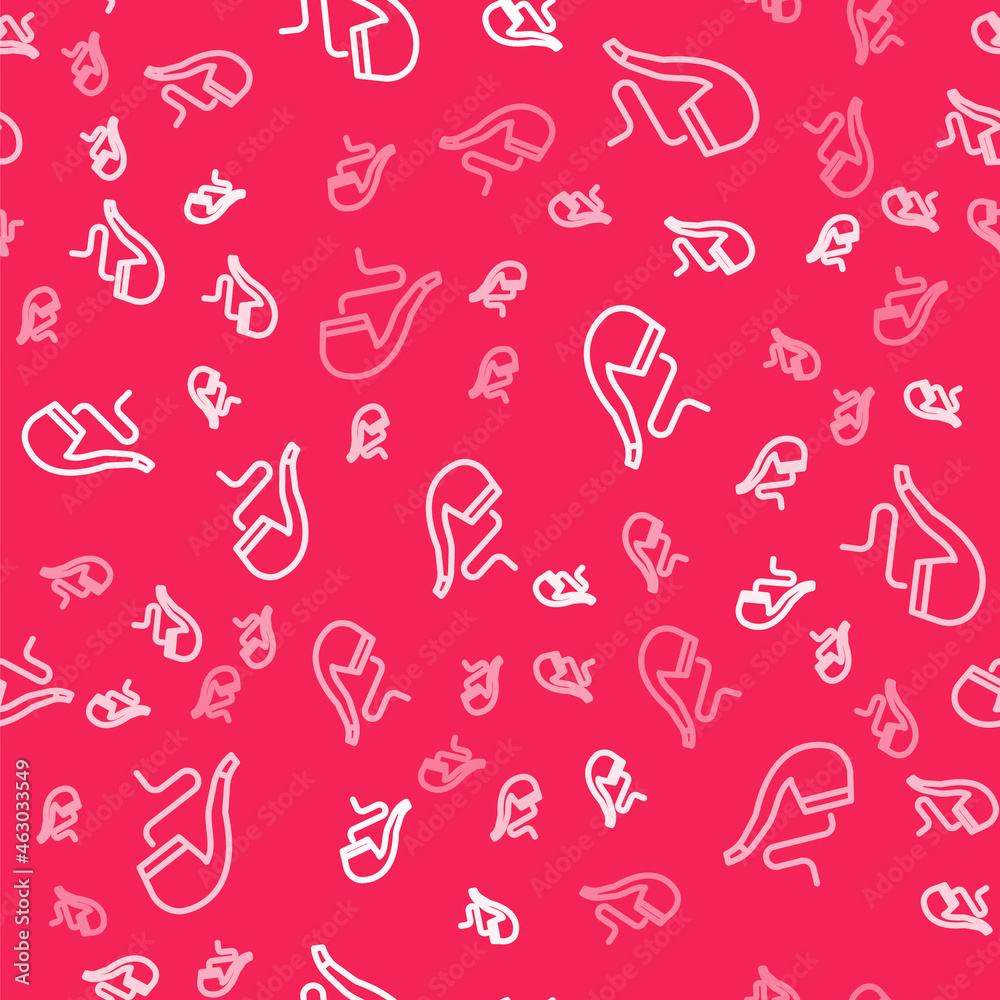 White line Smoking pipe with smoke icon isolated seamless pattern on red background. Tobacco pipe. Vector White line Smoking pipe with smoke icon isolated seamless pattern on red background. Tobacco pipe. Vector