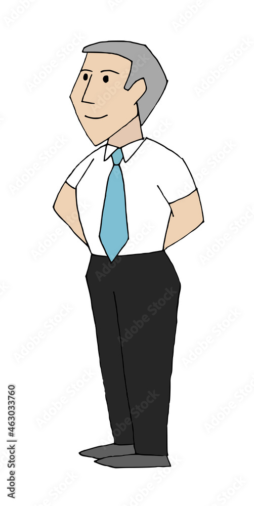 Man standing waiting, wearing a white shirt, tie and black trousers. Flight attendant, driver. Hand drawn cartoon style vector illustration isolated on white background. Man standing waiting, wearing a white shirt, tie and black trousers. Flight attendant, driver. Hand drawn cartoon style vector illustration isolated on white background.