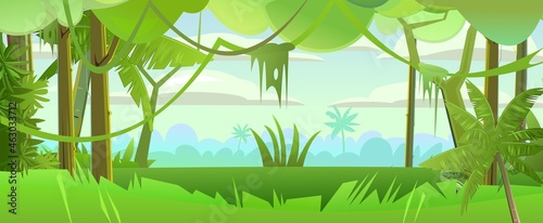 Rain forest. Dense thickets. View from the jungle Tropical forest panorama. Southern Rural Scenery. Illustration in cartoon style flat design. Vector