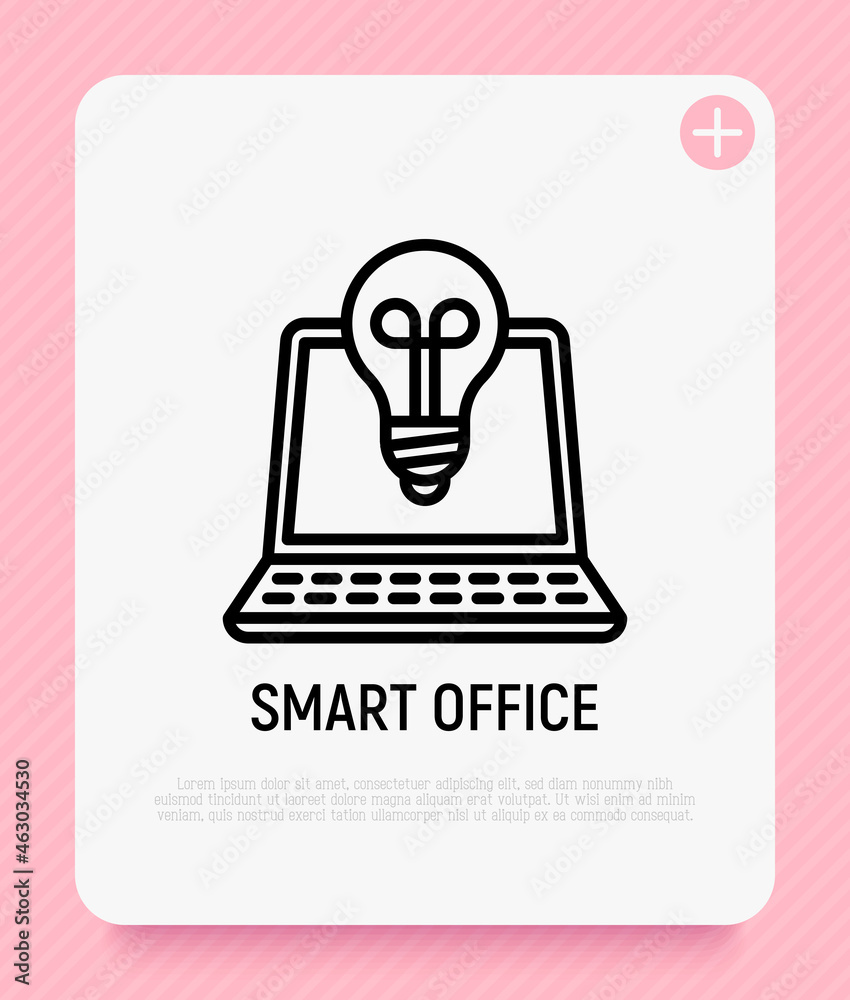 Smart office thin line icon, open laptop with bulb. Modern vector illustration. Smart office thin line icon, open laptop with bulb. Modern vector illustration.