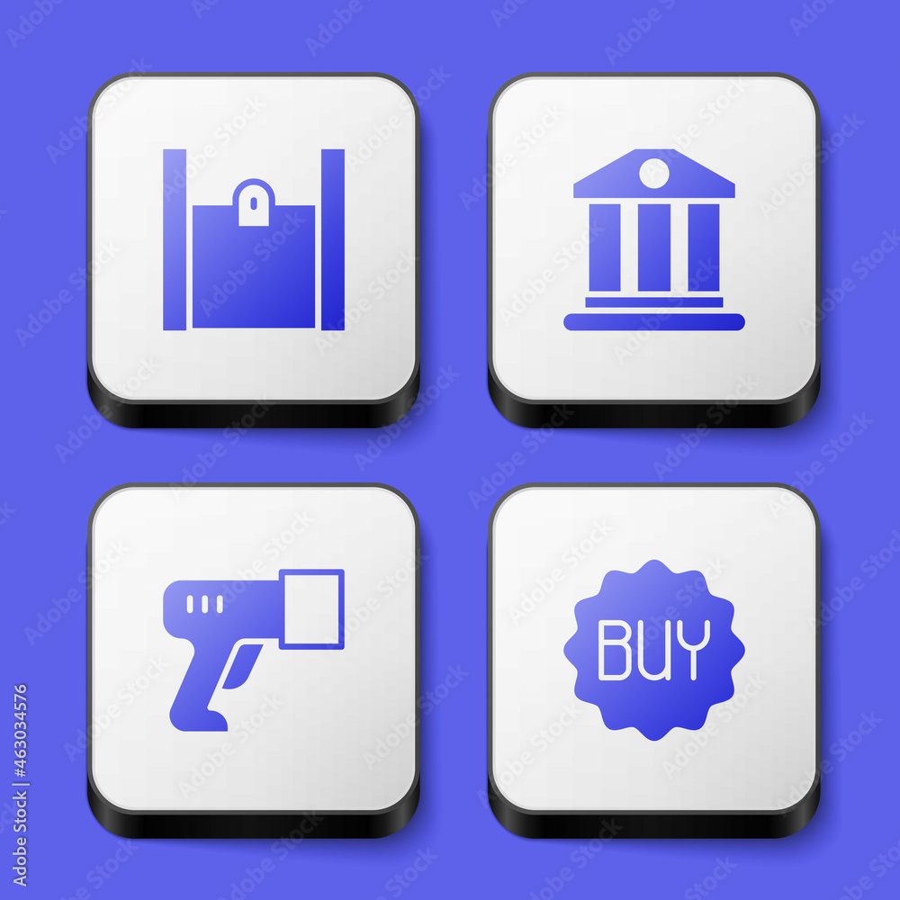 Set Paper shopping bag, Bank building, Scanner scanning bar code and Buy button icon. White square button. Vector Set Paper shopping bag, Bank building, Scanner scanning bar code and Buy button icon. White square button. Vector