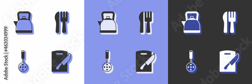 Set Cutting board and knife, Kettle with handle, Spatula and Crossed fork icon. Vector