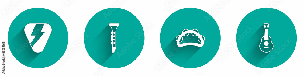 Set Guitar pick, Clarinet, Tambourine and icon with long shadow. Vector Set Guitar pick, Clarinet, Tambourine and icon with long shadow. Vector