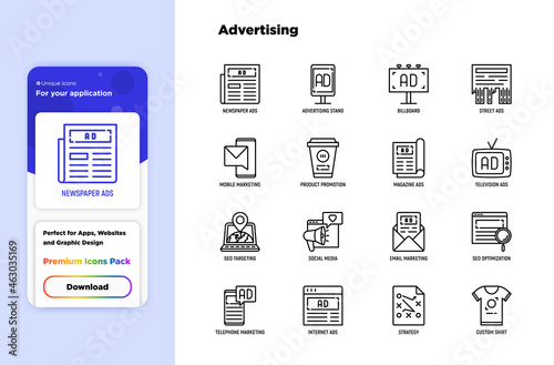 Advertising thin line icons set: billboard, street ads, newspaper, magazine, product promotion, email, GEO targeting, social media, strategy, custom shirt, internet, banner. Vector illustration.