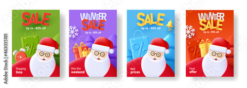 Set of Christmas sale flyers with 3d Santa Claus and Christmas elements with big typography