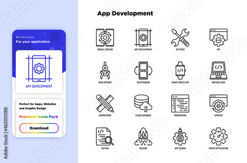 App development thin line icons set: writing code, multitasking, smart watch app, engineering, updates, cloud database, testing, speed optimization, API, mobile syncing. Modern vector illustration.