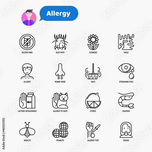 Allergy thin line icons set. Symptoms, allergens, prick test, edema. Vector illustration.