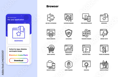 Browser thin line icons set: add-ons, extension, customize browser, sync between devices, bookmark, private, ad blocking, password manager, smart shopping, surfing internet. Vector illustration.
