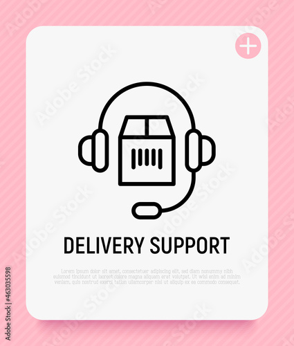 Delivery support thin line icon, headset with package. Modern vector illustration of customer center symbol.