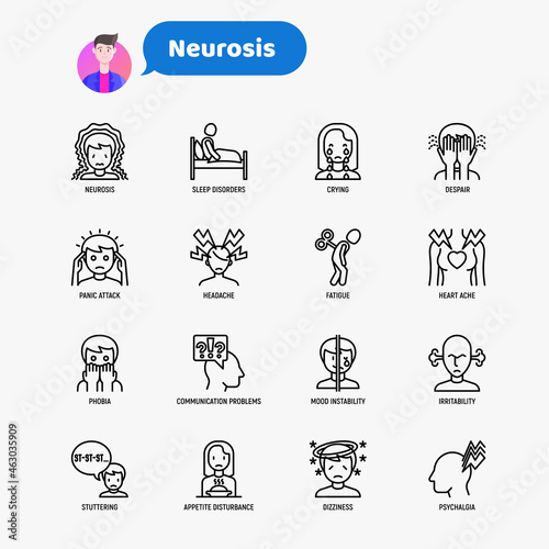 Neurosis and symptoms thin line icon set: panic attack, headache, fatigue, insomnia, despair, phobia, mood instability, dizziness, stuttering. Mental illness. Vector illustration photo