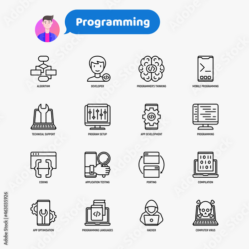 Programming thin line icons set, developer, code, algorithm, technical support, program setup, porting, compilation, app testing, virus, optimization. Vector illustration.