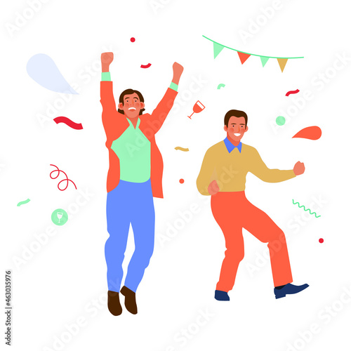 Happy Business Employee Men Jumping in the Air Cheerfully. Modern Flat Vector Illustration. Feeling and Emotion Social Media Concept.