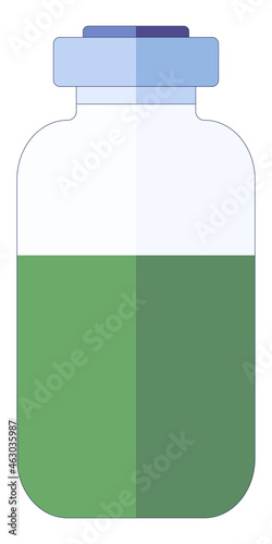 Little medical ampoule with green fluid for injections in hospital centre in a flat style isolated on a white background. Vector illustration
