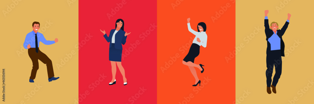 Set of Happy Business Employee People on Colorful Background. Modern Flat Vector Illustration. Feeling and Emotion Social Media Concept.