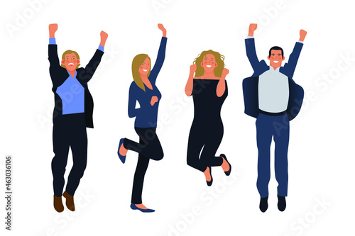 Set of Happy Business Employee People Jumping in the Air Cheerfully. Modern Flat Vector Illustration. Feeling and Emotion Social Media Concept.
