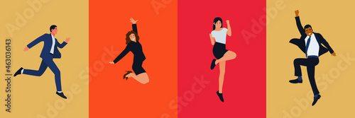 Set of Happy Business Employee People on Colorful Background. Modern Flat Vector Illustration. Feeling and Emotion Social Media Concept.